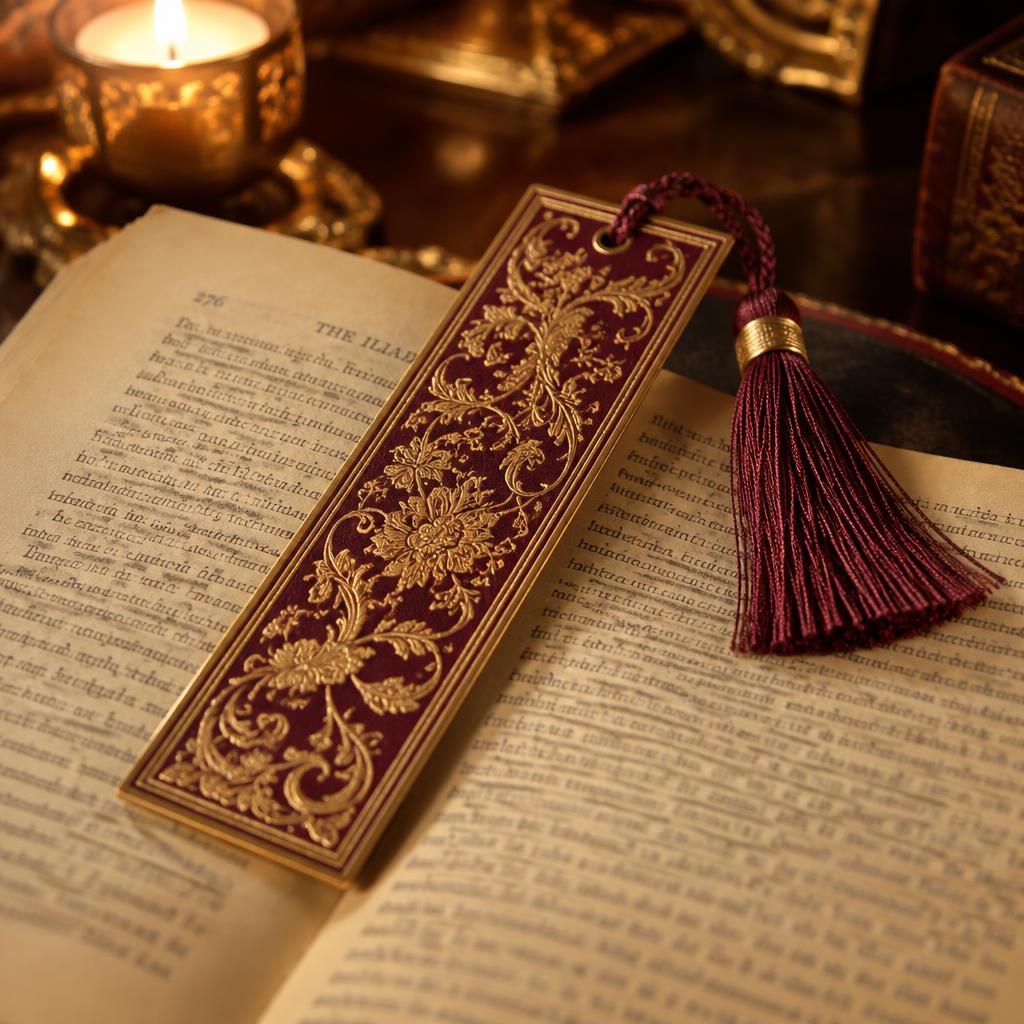 A burgundy and gold bookmark resting in an open book