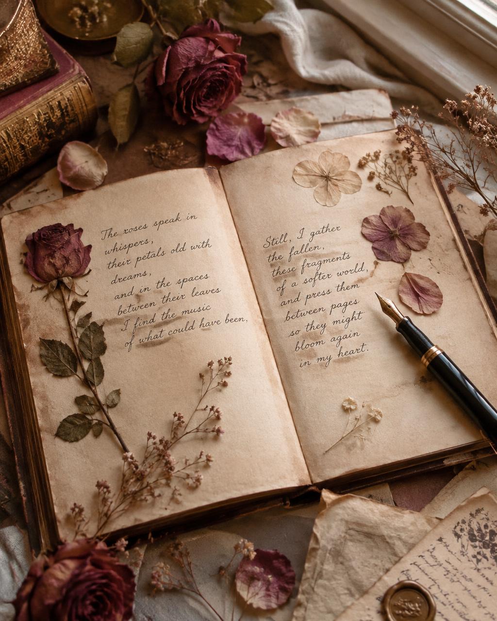 A poetry journal with a fountain pen and dried roses